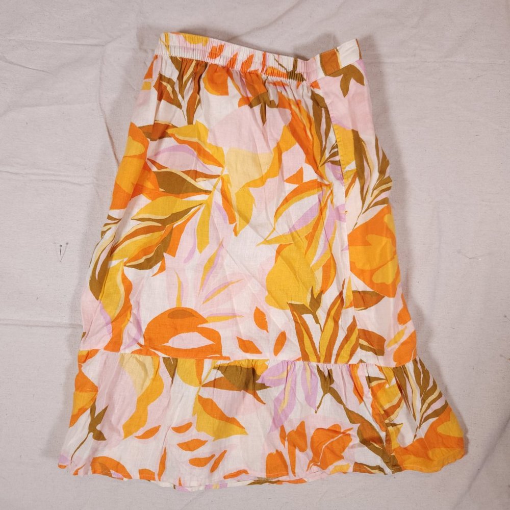 C&C California Faux Wrap Skirt Womens Large Floral 100% Linen Pocket Breathable